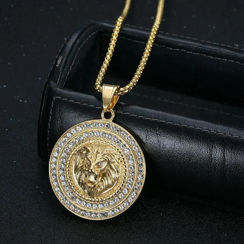 Hip Hop Stainless Steel Vacuum Plating Water Diamond Lion Head Pendant