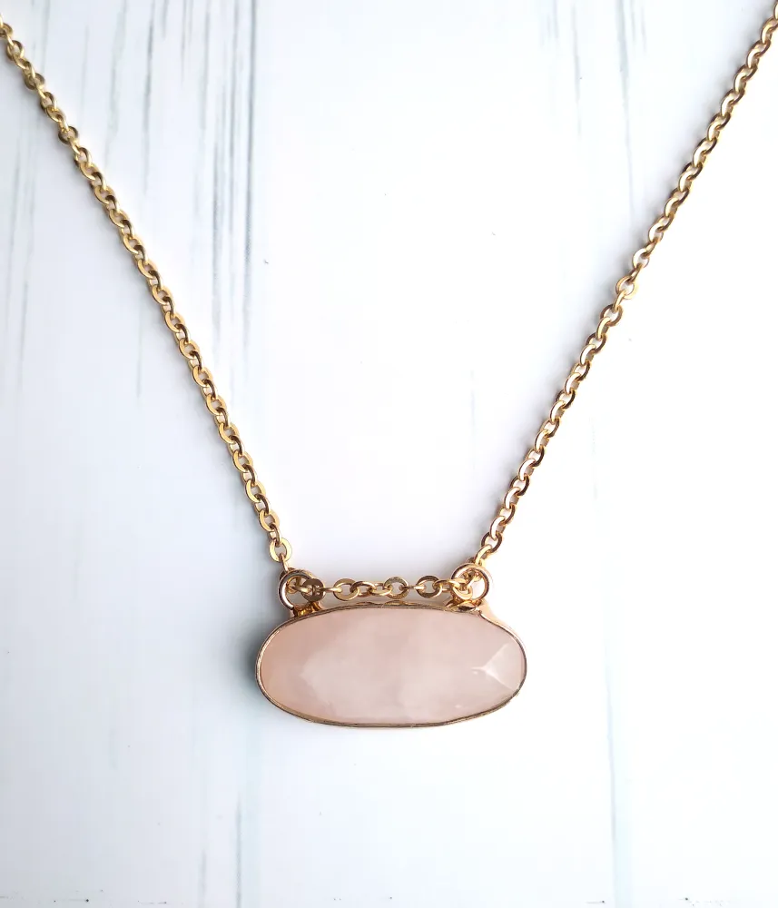 Horizontal Rose Quartz Ellipse Single Stone Gem Drop Pendant