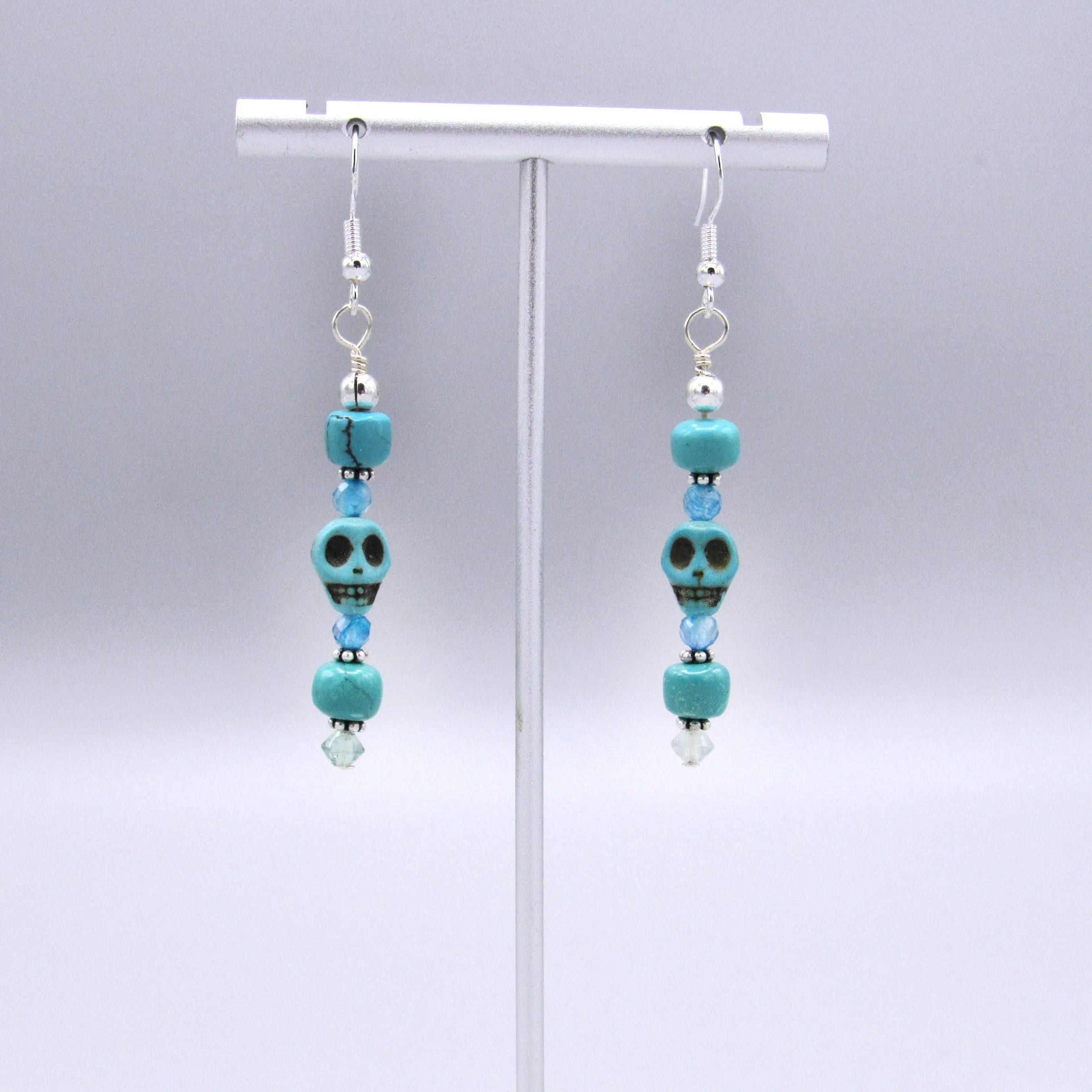 Howlite Skull, Genuine Turquoise, Apatite, Fluorite Gemstones Drop Earrings