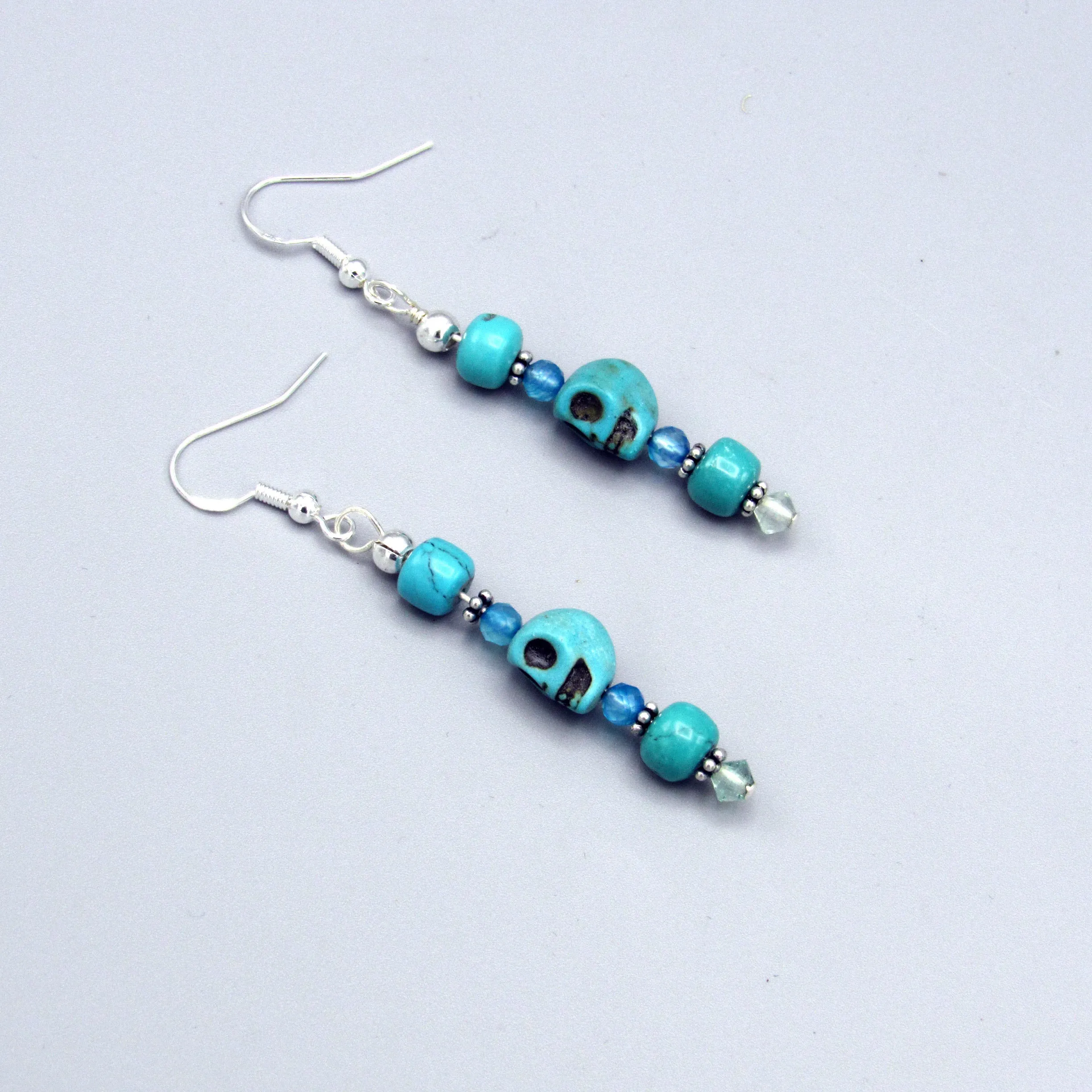 Howlite Skull, Genuine Turquoise, Apatite, Fluorite Gemstones Drop Earrings