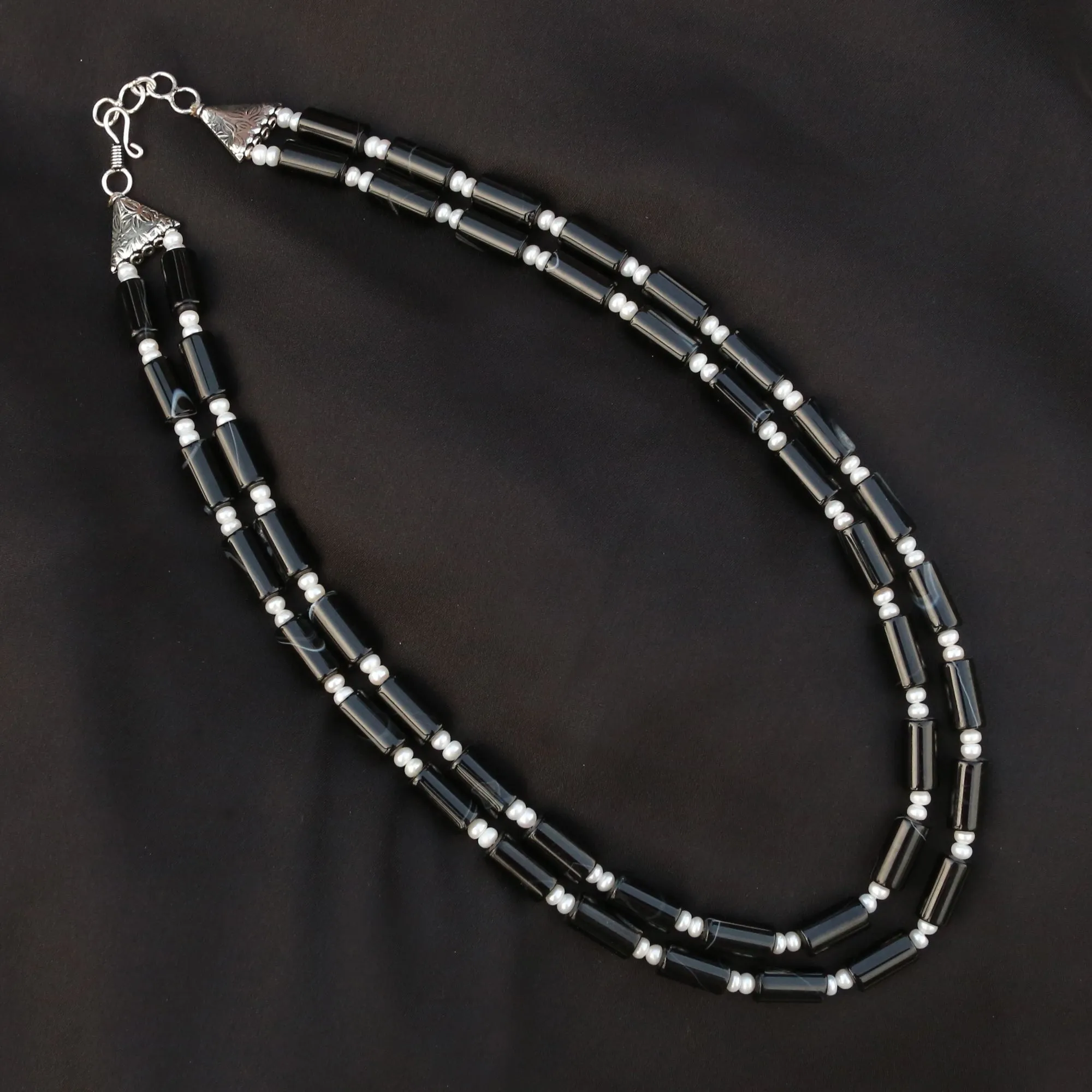 Imeora Exclusive Double Line Black Onyx And Real Pearl Necklace