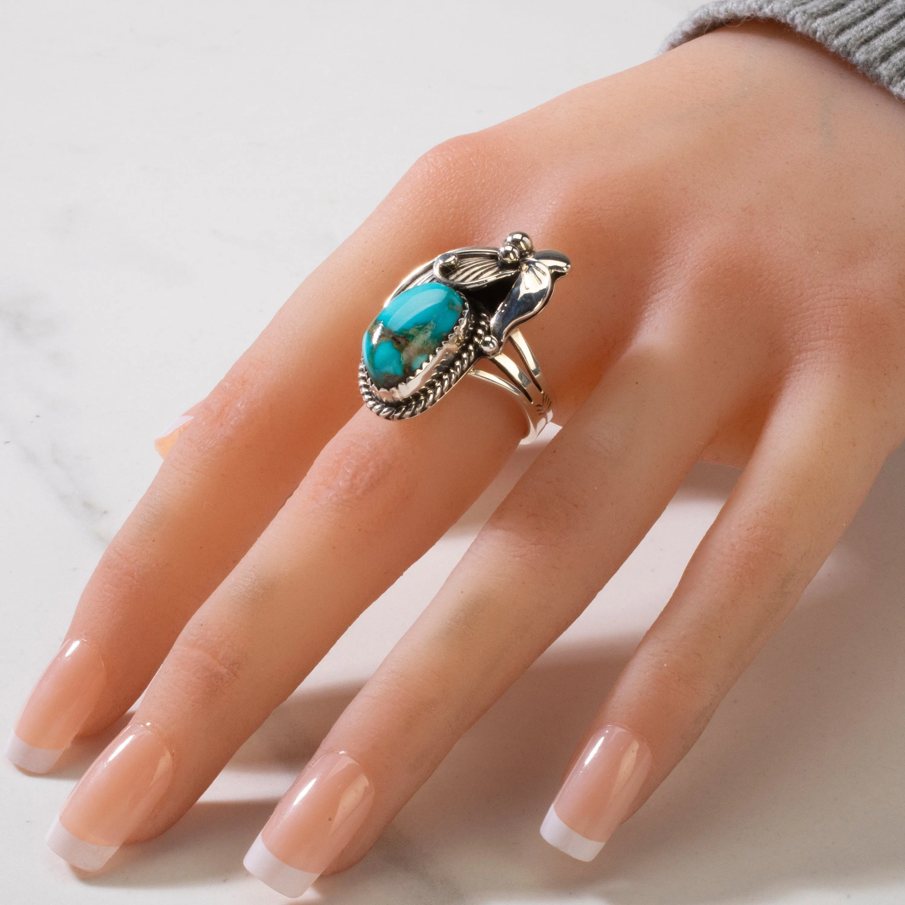 Joe Piaso Jr. Sleeping Beauty Turquoise Feather Navajo USA Native American Made 925 Sterling Silver Ring