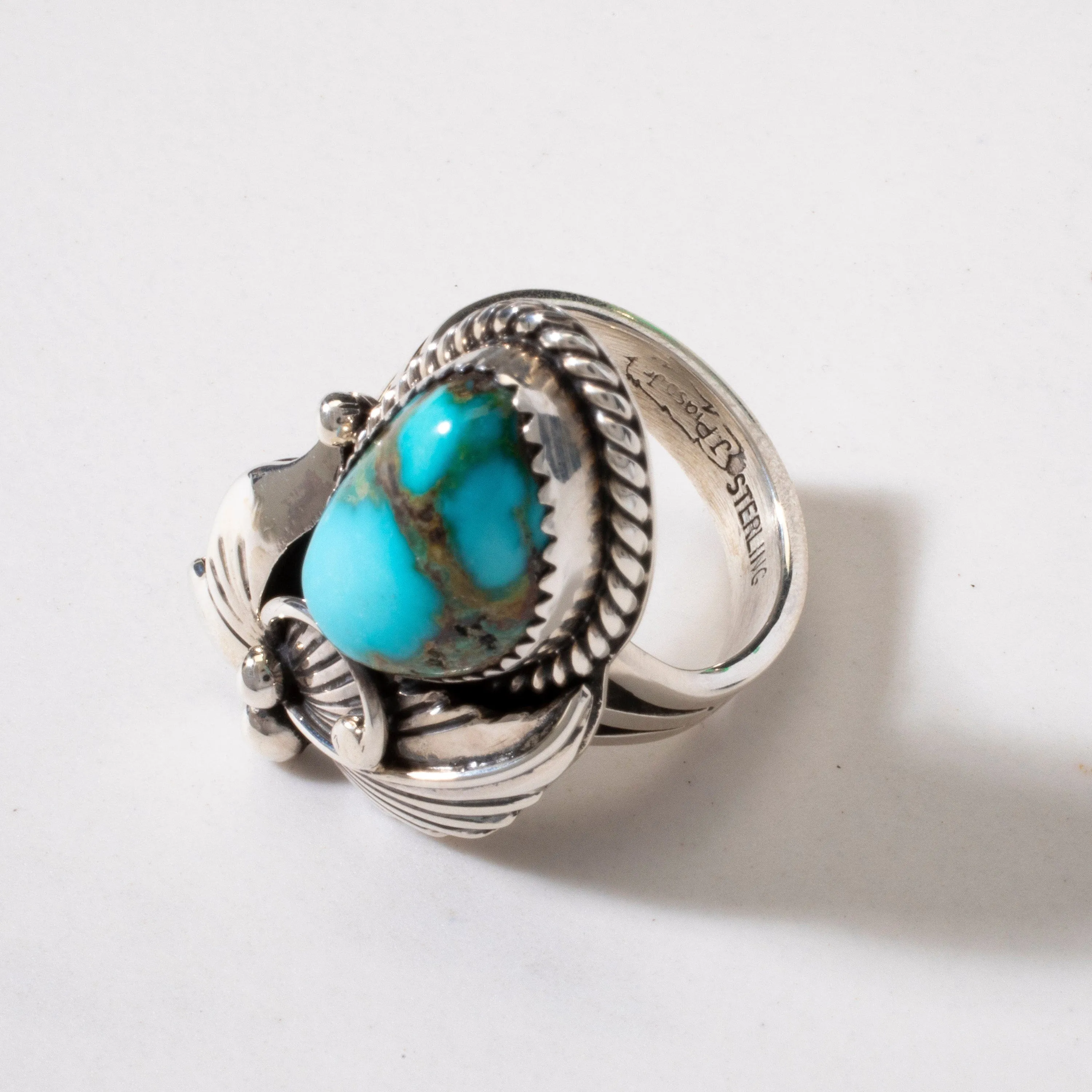 Joe Piaso Jr. Sleeping Beauty Turquoise Feather Navajo USA Native American Made 925 Sterling Silver Ring