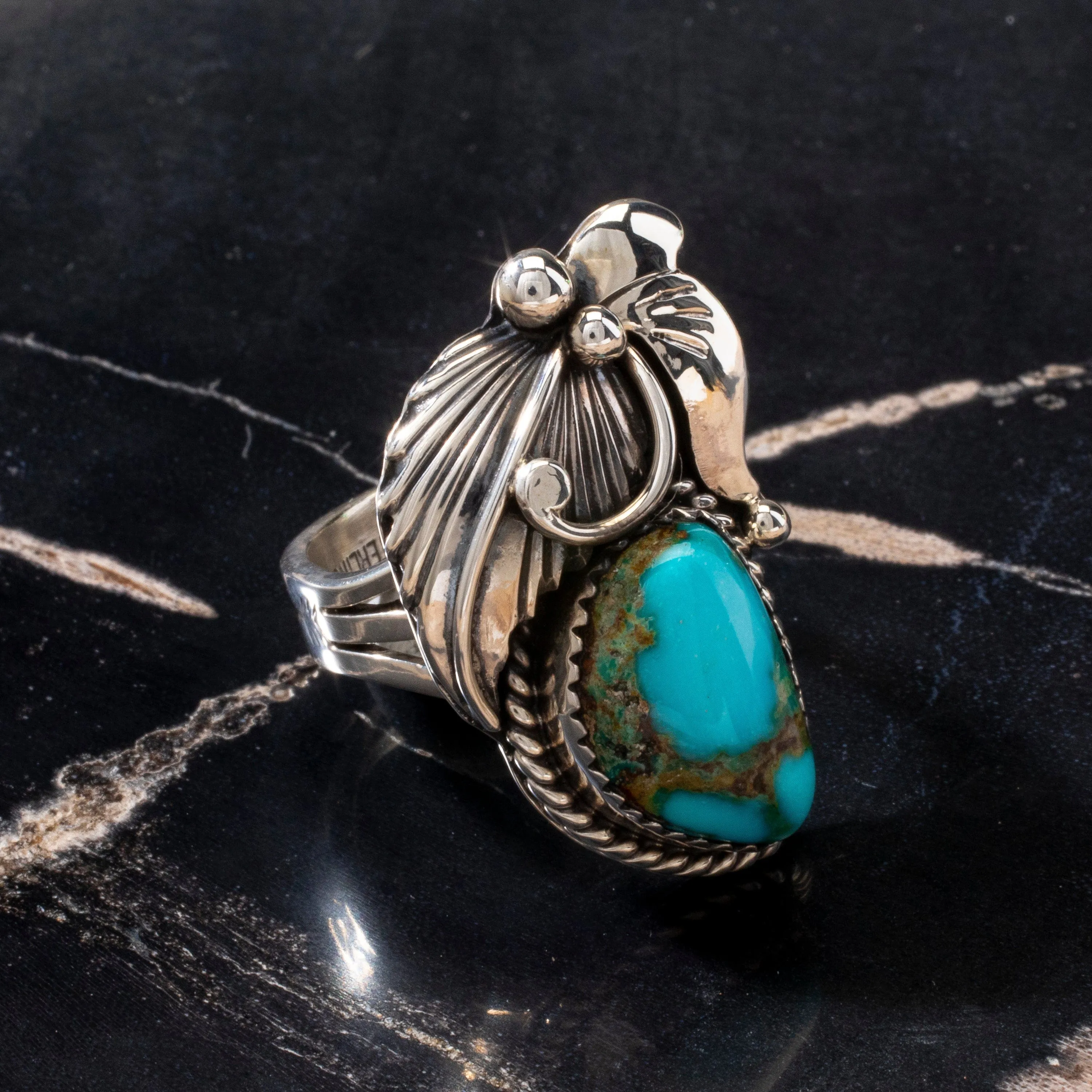 Joe Piaso Jr. Sleeping Beauty Turquoise Feather Navajo USA Native American Made 925 Sterling Silver Ring