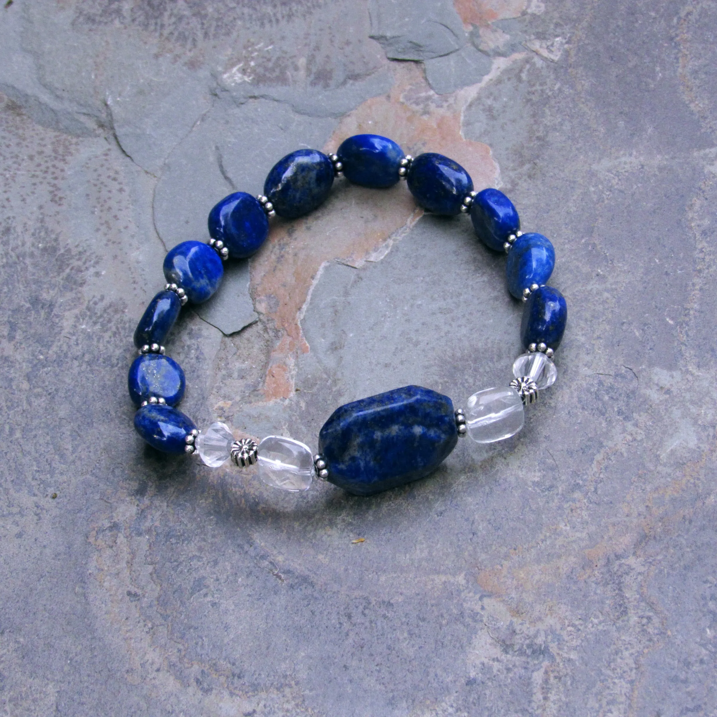 Lapis Lazuli, Clear Quartz, and Sterling Silver Stretch Bracelet