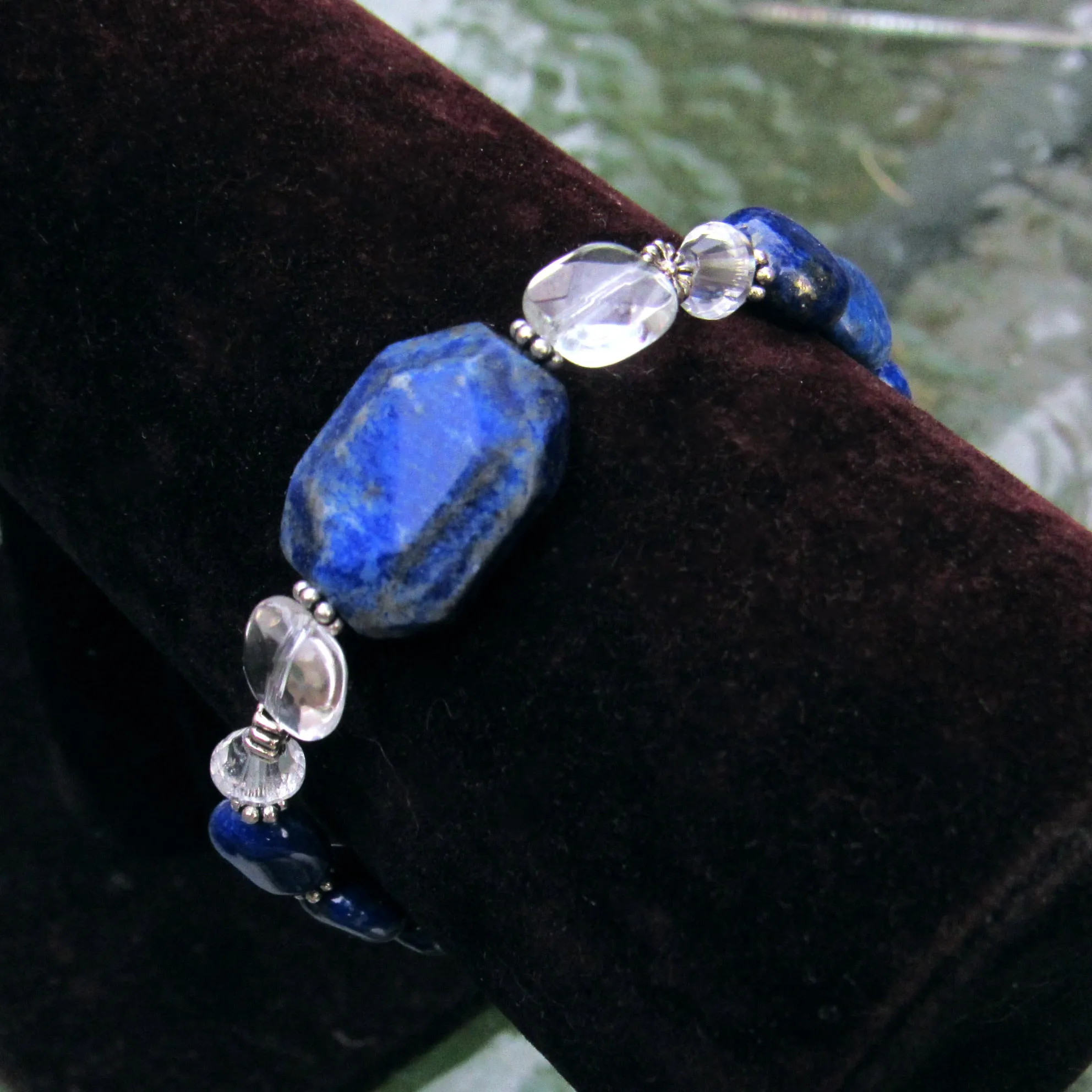 Lapis Lazuli, Clear Quartz, and Sterling Silver Stretch Bracelet