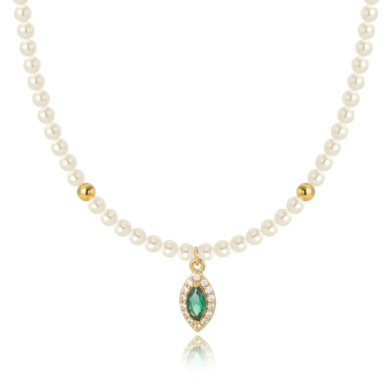 Luxe Oval Emerald Gemstone Pearl Necklace