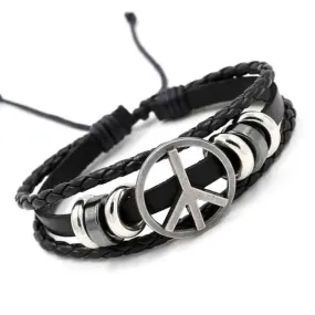 Men Women Genuine Leather Bracelet Peace Symbol Braided Cuff Bangle