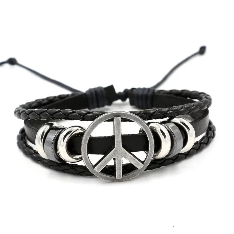 Men Women Genuine Leather Bracelet Peace Symbol Braided Cuff Bangle