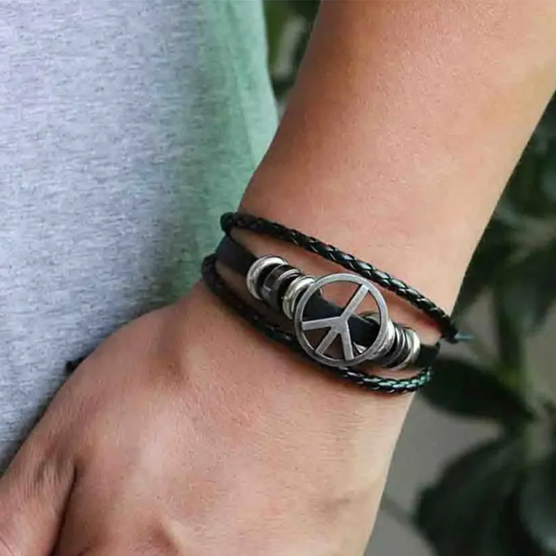 Men Women Genuine Leather Bracelet Peace Symbol Braided Cuff Bangle