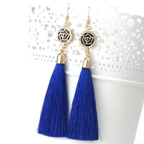 Navy Blue Tassel Earrings with Gold and Crystal Flower Charm