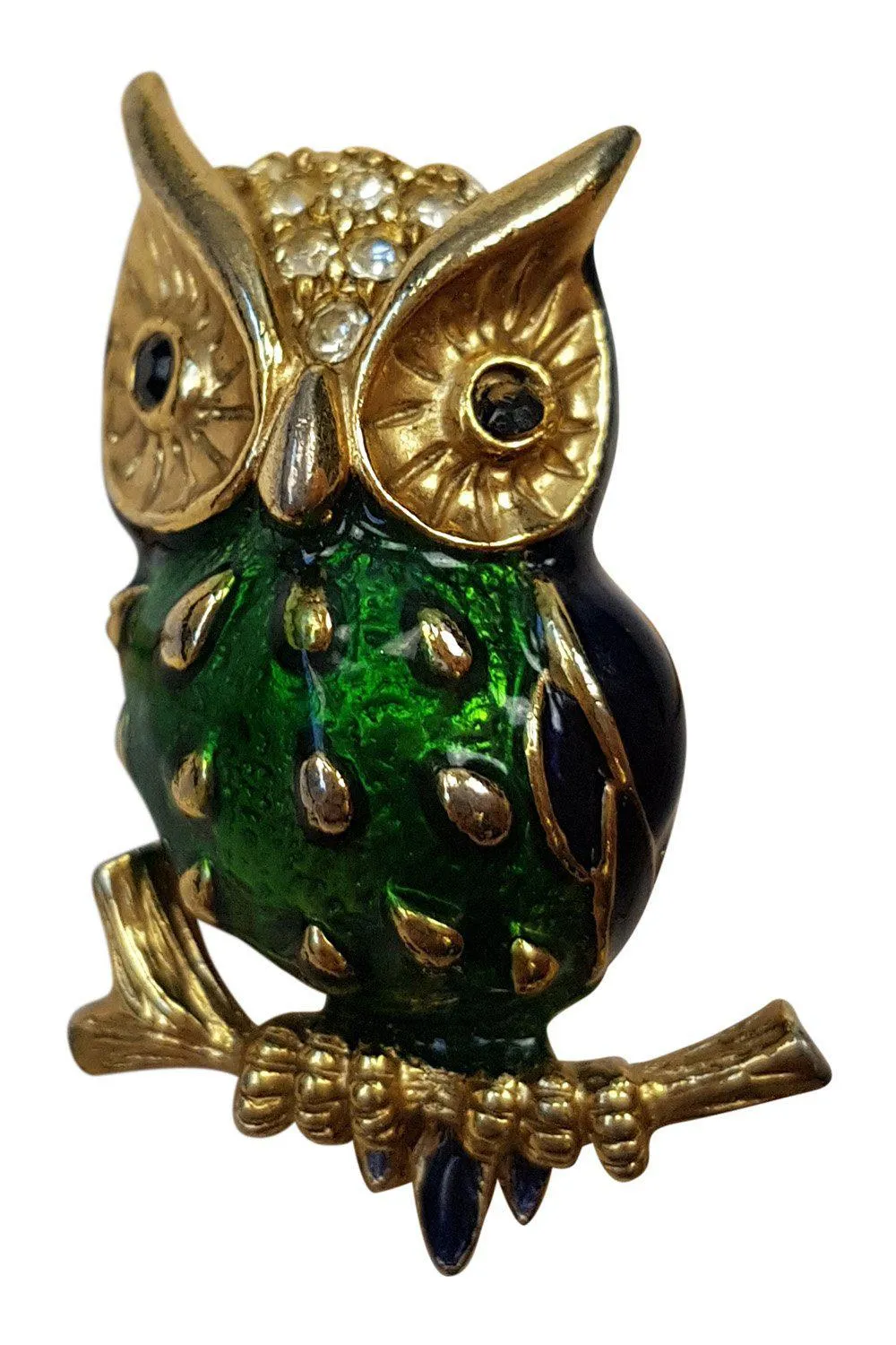 OWL BROOCH Gold Plated Enamelled Blue Gem In Lay Eyes