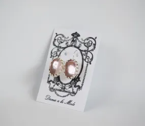 Pale Pink Crown Crystal Mirror Earrings - Large Oval