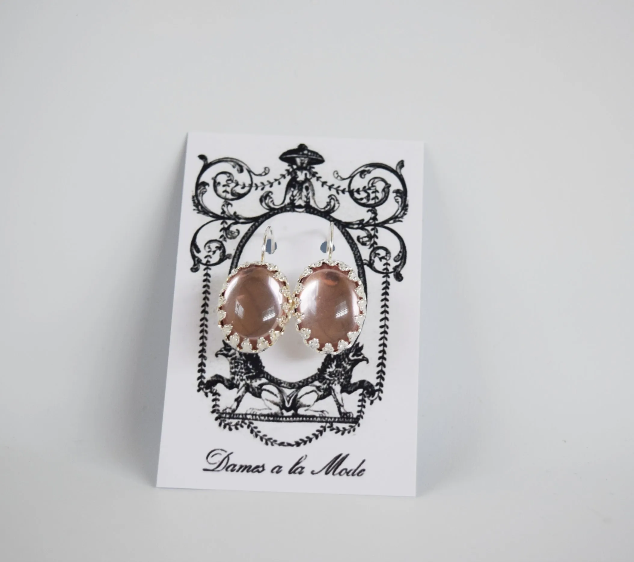 Pale Pink Crown Crystal Mirror Earrings - Large Oval