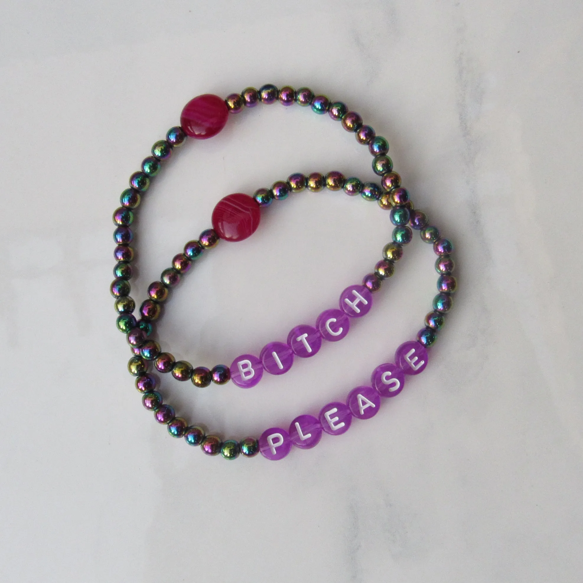 Rainbow Hematite and Pink Agate “Bitch Please” stretch Bracelet