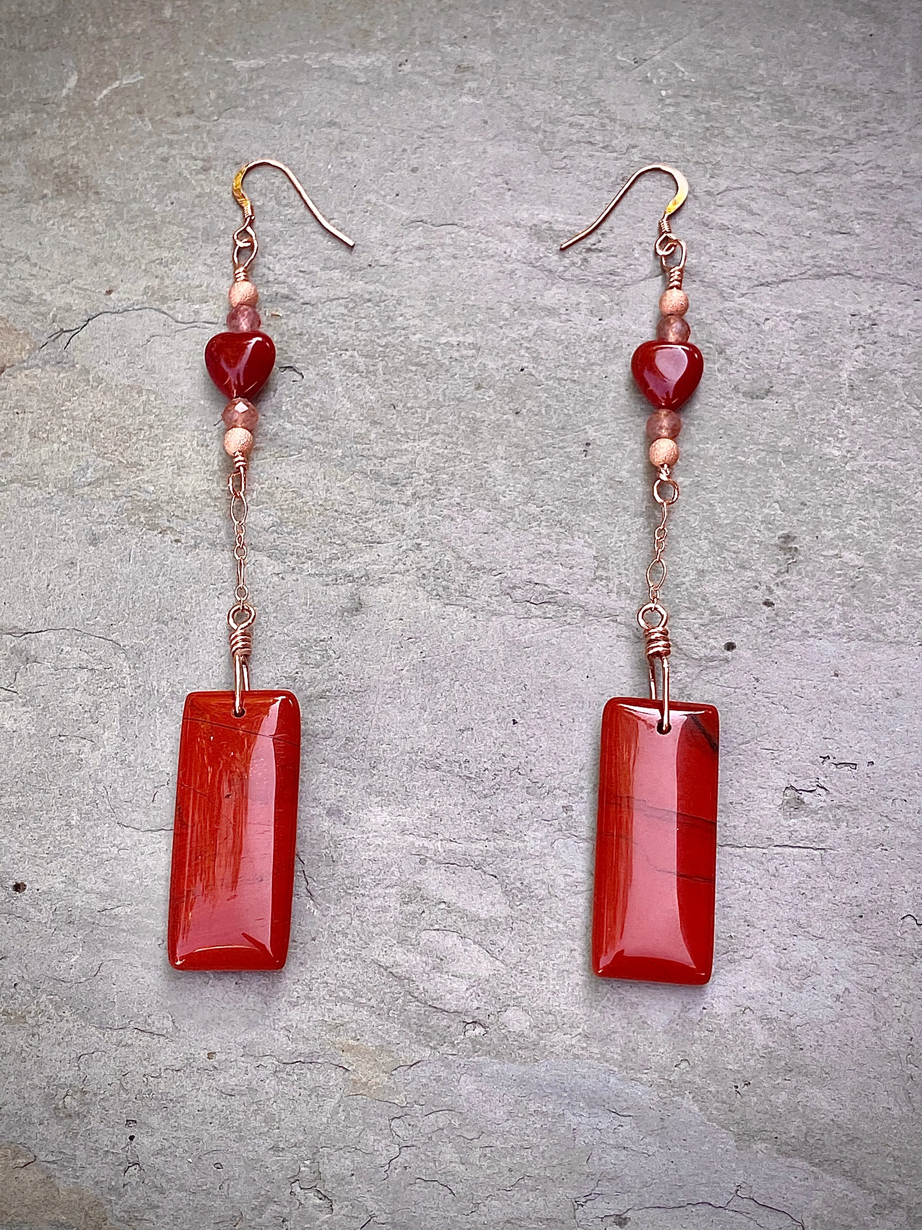 Red Jasper, Strawberry Lepidolite, and 14 kt Rose Gold Filled drop earrings