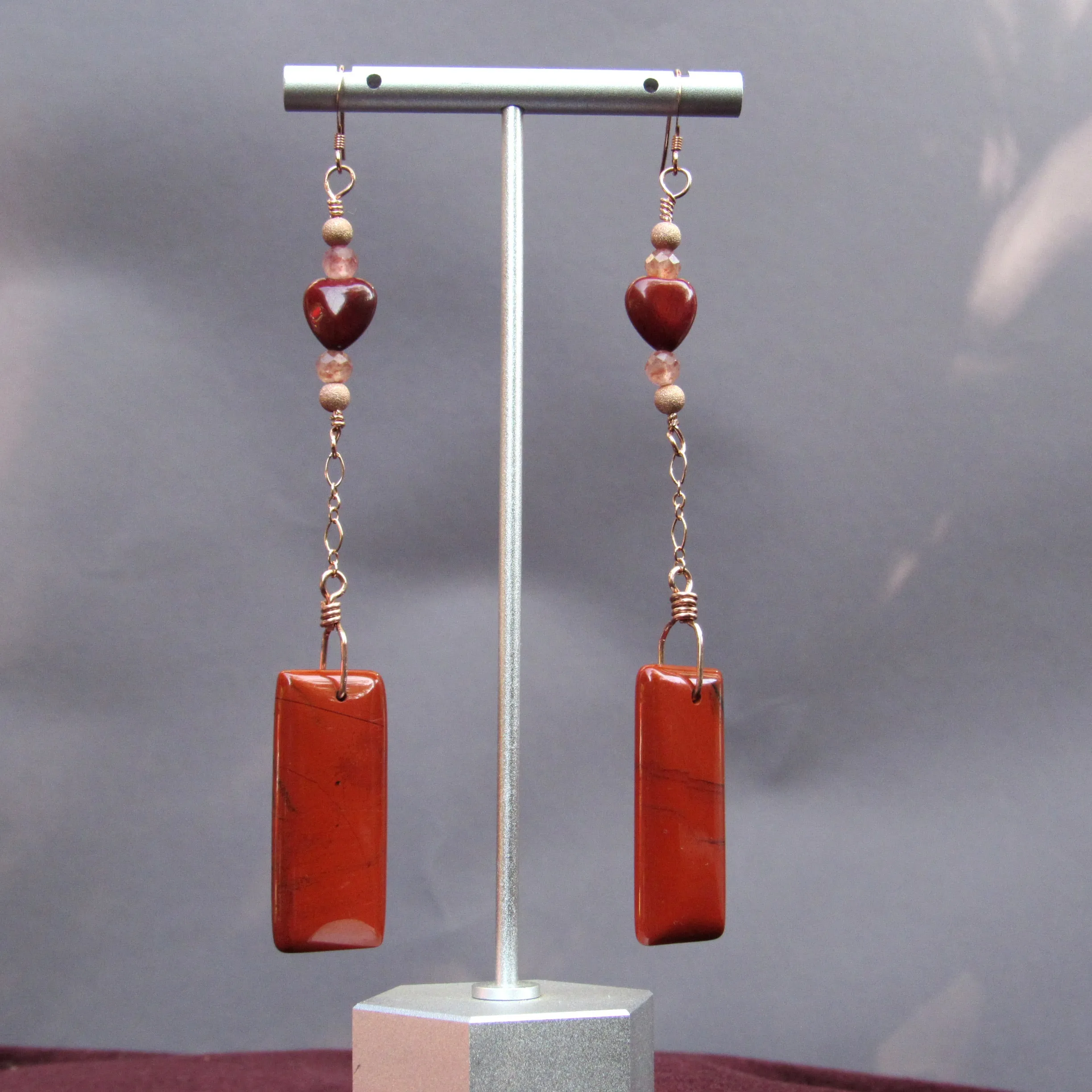 Red Jasper, Strawberry Lepidolite, and 14 kt Rose Gold Filled drop earrings