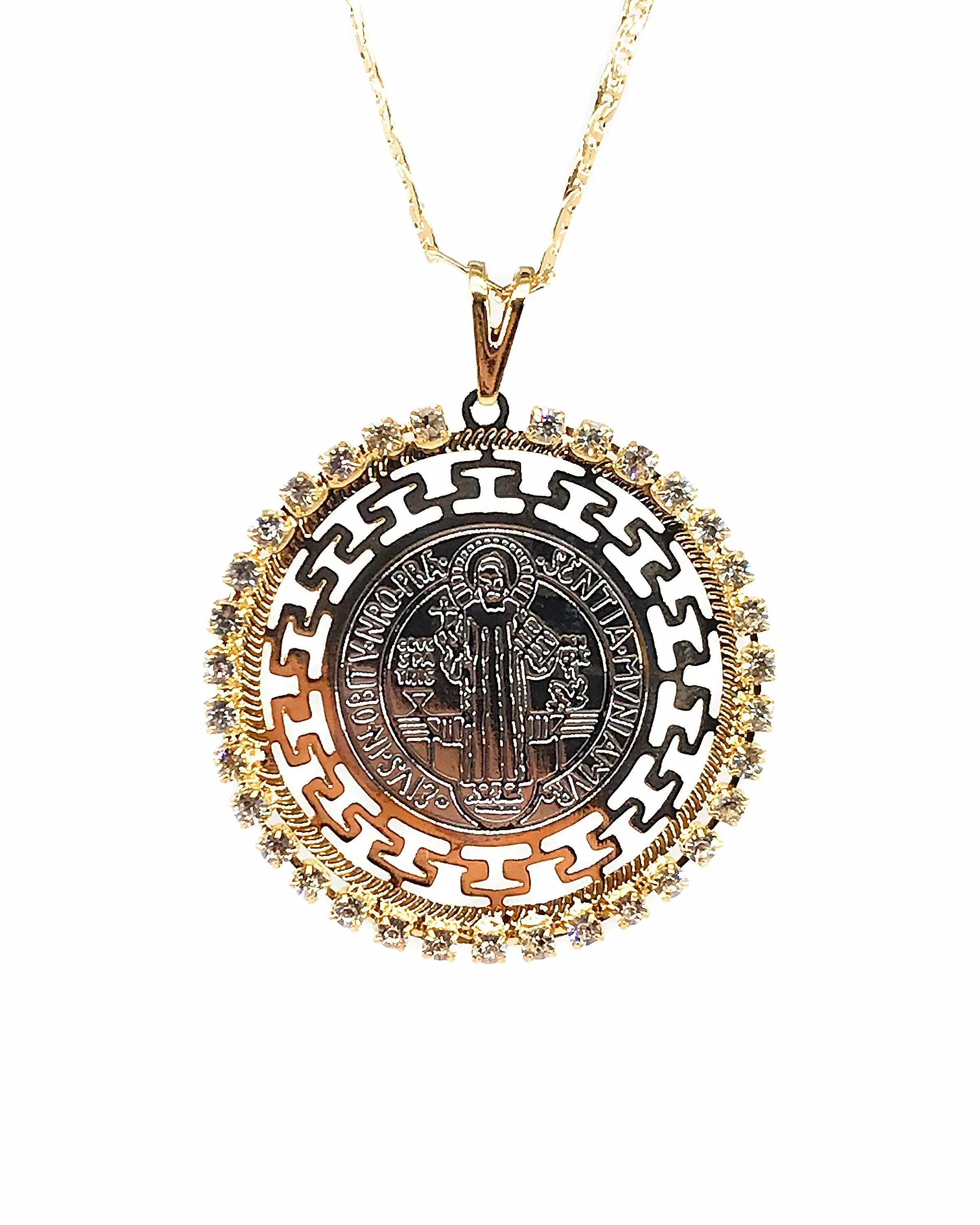 Rhinestones St. Benedict Medal Necklace, Flat Gold Plated Chain, San Benito Necklace, Medalla San Benito, catholic jewelry Christmas gift