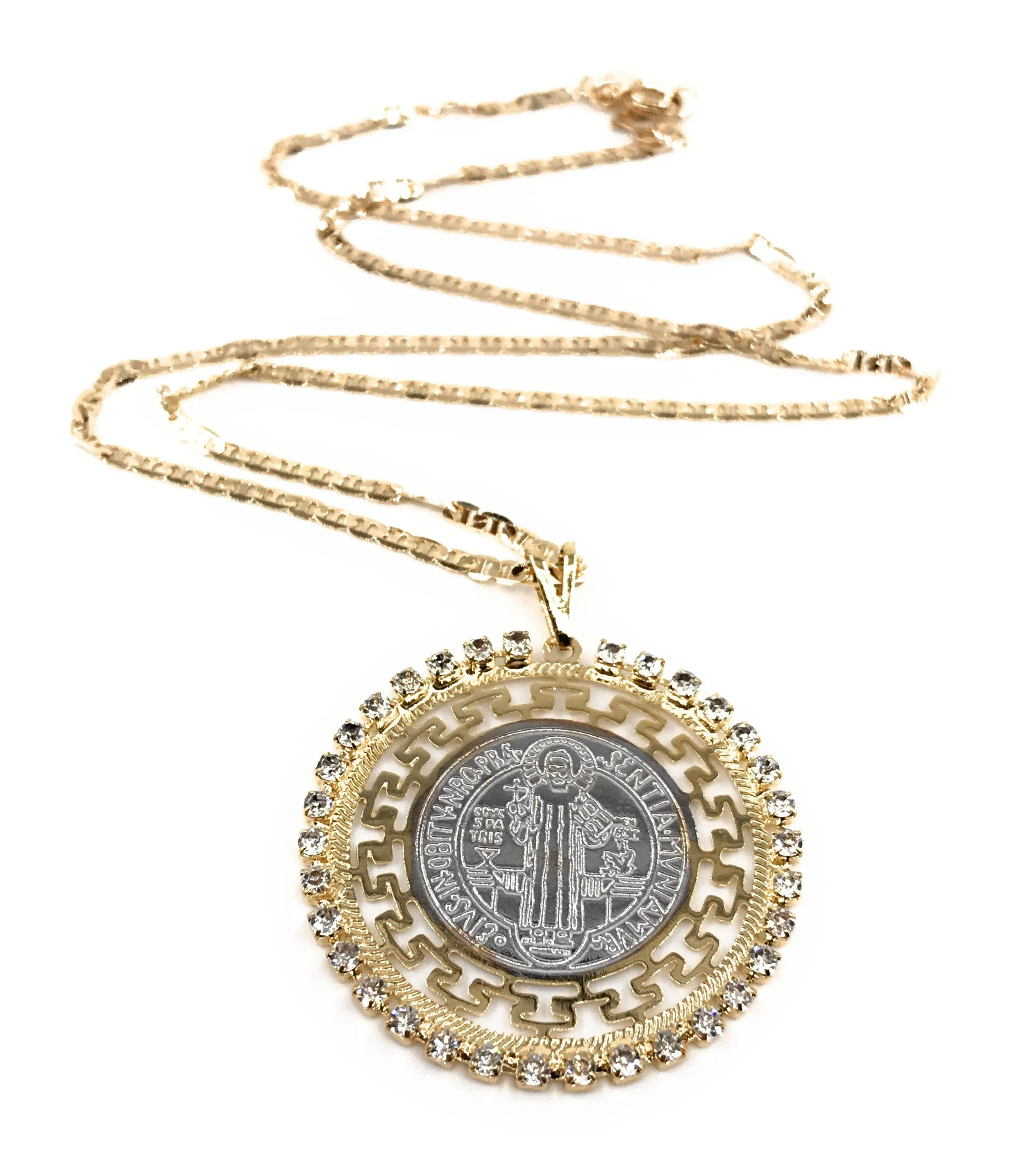 Rhinestones St. Benedict Medal Necklace, Flat Gold Plated Chain, San Benito Necklace, Medalla San Benito, catholic jewelry Christmas gift