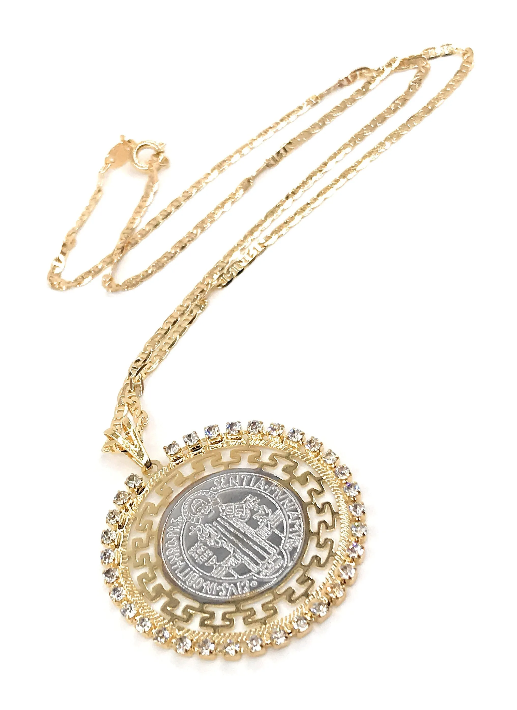 Rhinestones St. Benedict Medal Necklace, Flat Gold Plated Chain, San Benito Necklace, Medalla San Benito, catholic jewelry Christmas gift