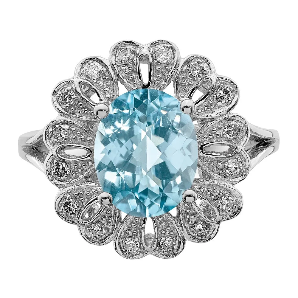 Rhodium Diamond & Checker-Cut Sky Blue Topaz Ring in Sterling Silver