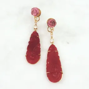 Rhodochrosite Stud with White Zircon & Carved Red Jade Twinset Earrings