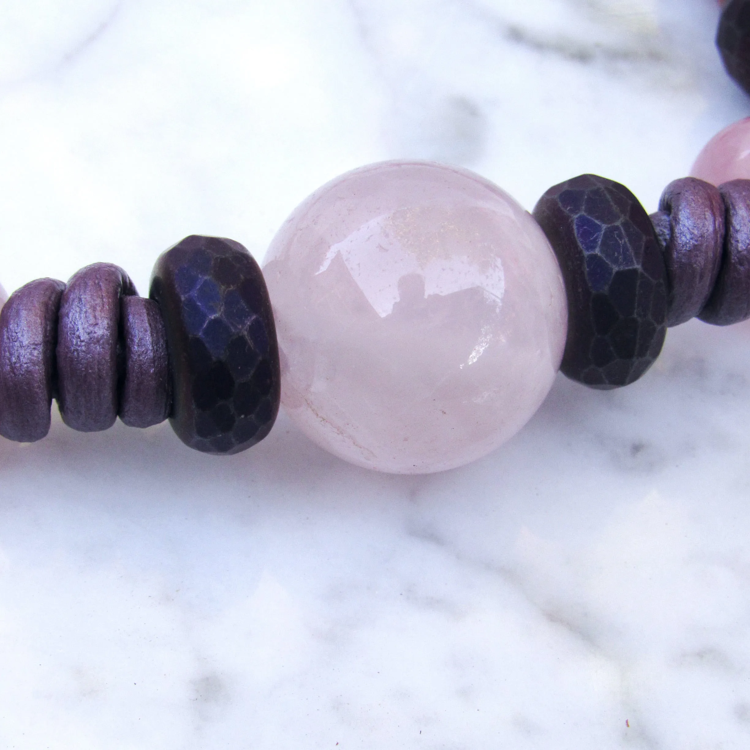 Rose Quartz gemstone, Copper, and Hematite Leather Bracelet