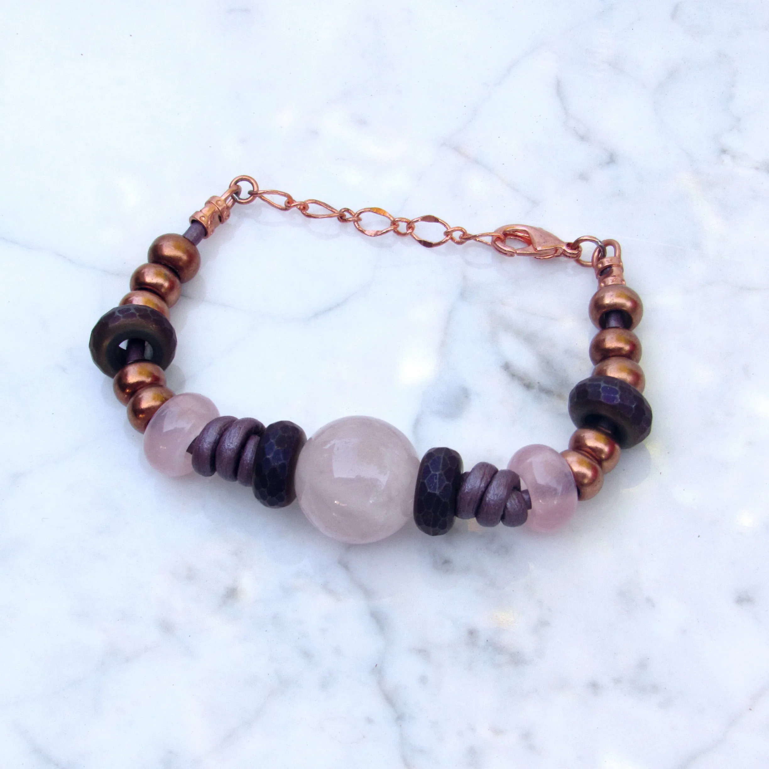 Rose Quartz gemstone, Copper, and Hematite Leather Bracelet