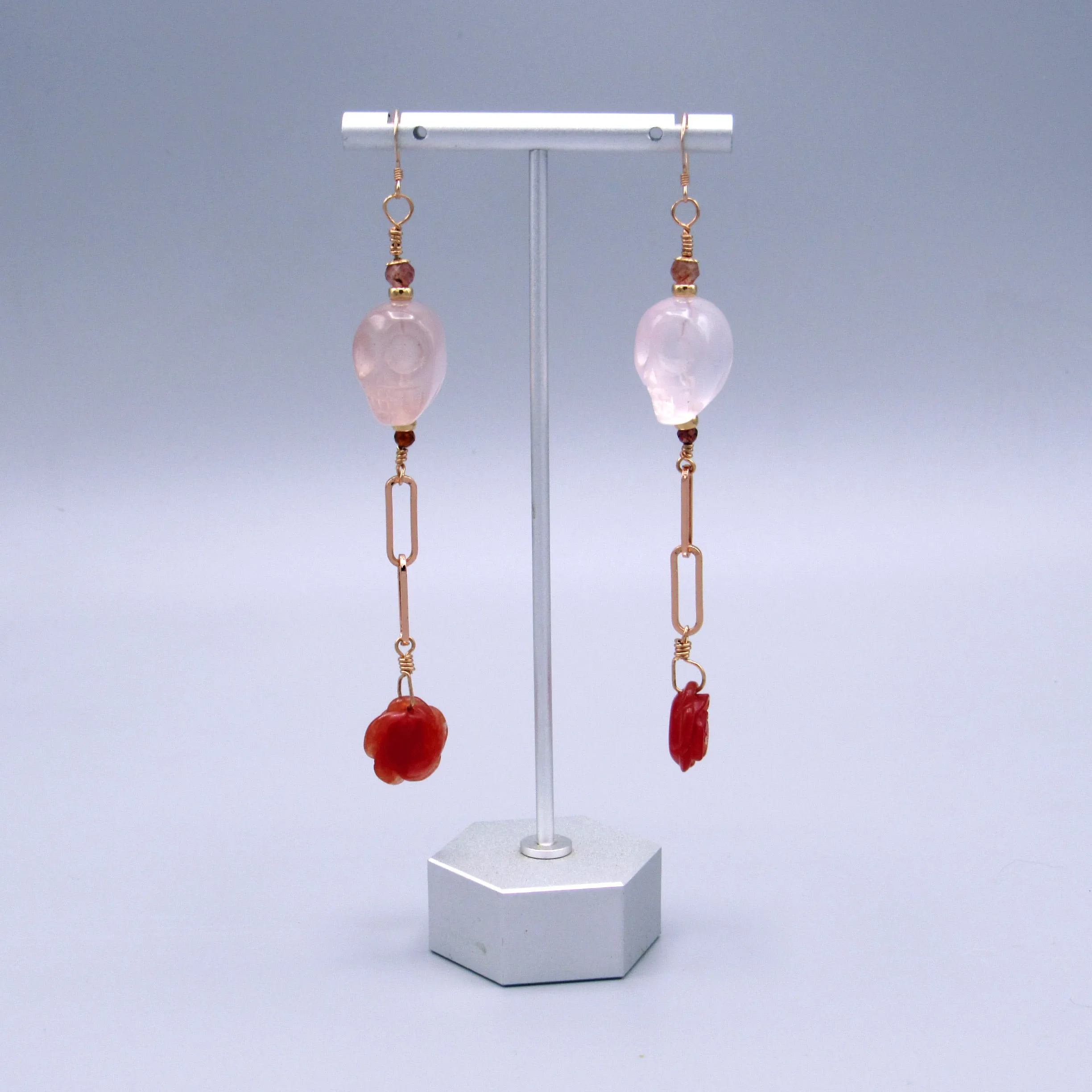 Rose Quartz Skulls, Lepidolite, Red Tourmaline, Red Agate Roses, 14 Kt Rose GF Drop Earrings