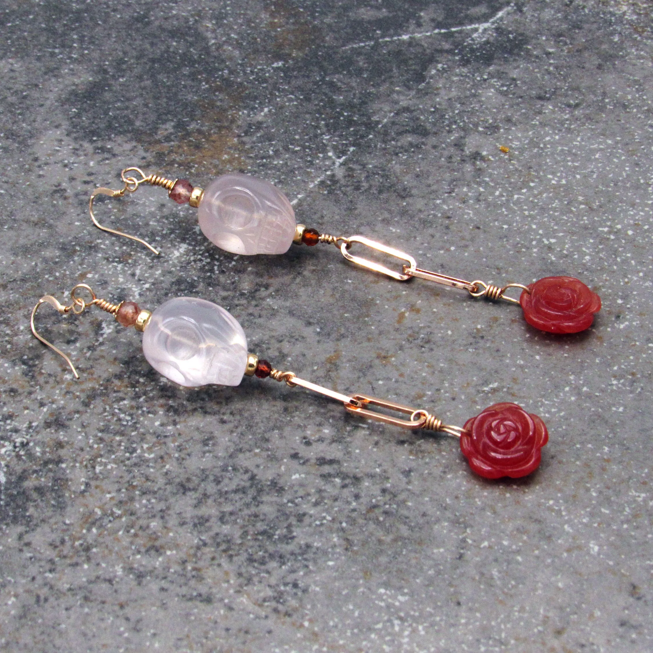 Rose Quartz Skulls, Lepidolite, Red Tourmaline, Red Agate Roses, 14 Kt Rose GF Drop Earrings