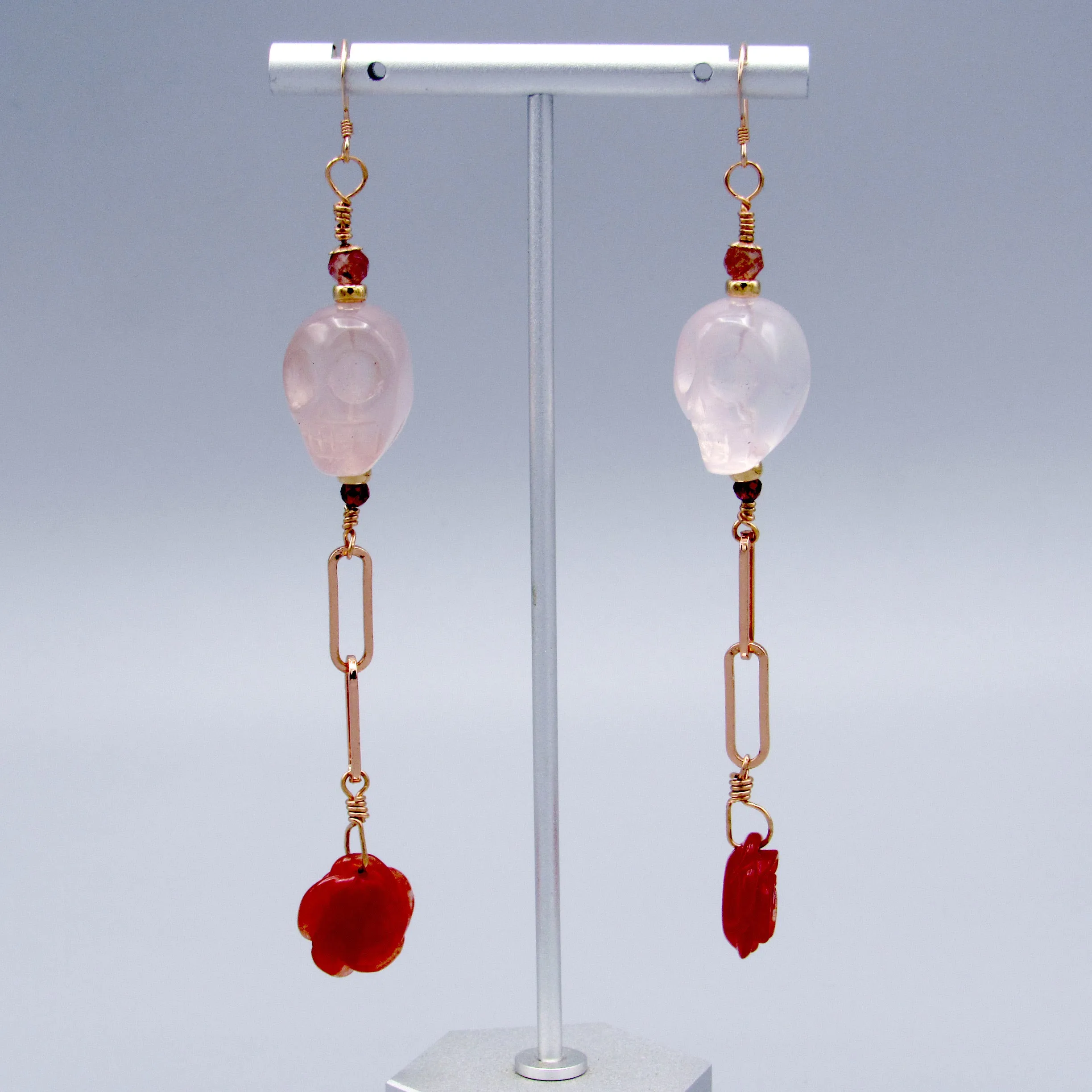 Rose Quartz Skulls, Lepidolite, Red Tourmaline, Red Agate Roses, 14 Kt Rose GF Drop Earrings