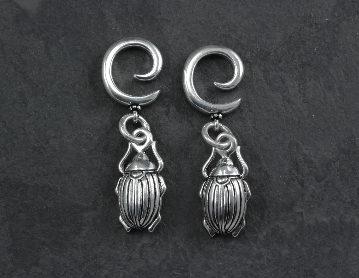 Scarab Beetle Gauged Spiral Earrings - Silver