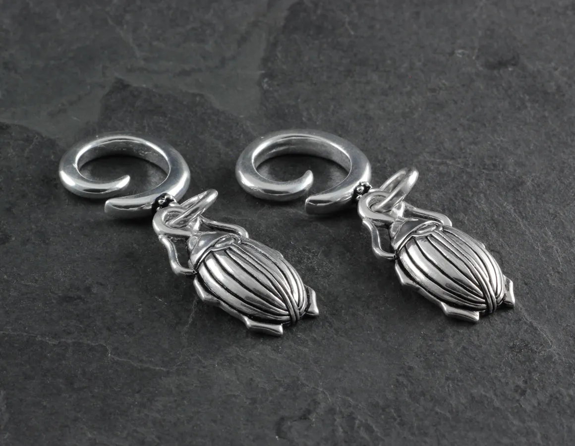 Scarab Beetle Gauged Spiral Earrings - Silver