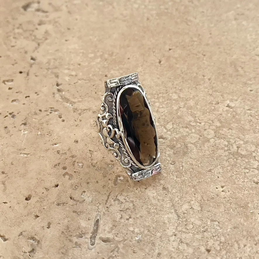 Smoky Quartz Ring with Elongated Faceted Gem - Dakini