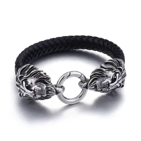 Stainless Steel Braided Black Leather Double Lions Bracelet