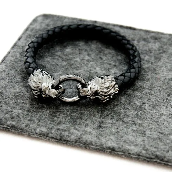 Stainless Steel Braided Black Leather Double Lions Bracelet