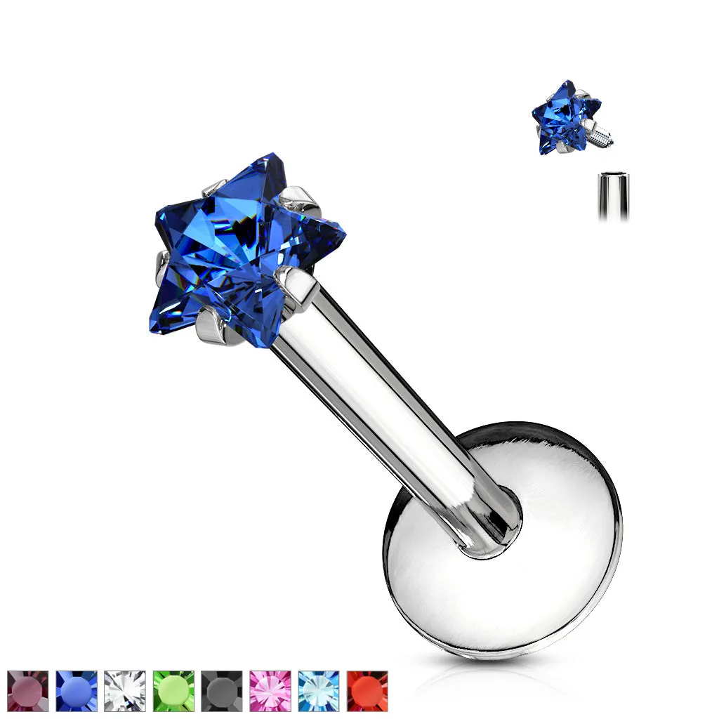 Star Gem Prong Set Labret 316L Surgical Steel Internally Threaded