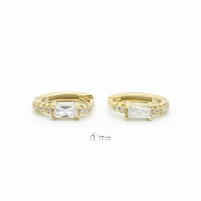 Sterling Silver Baguette CZ One-Touch Huggie Hoop Earrings - Gold