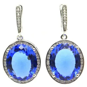 Sterling Silver Big Oval Created Blue Tanzanite Drop Earrings