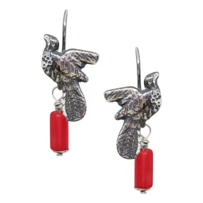 Sterling Silver Bird with Coral Drop Earrings