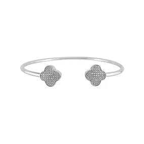 Sterling Silver Lucky Four-Leaf Clover Bangle Cuff- Rhodium