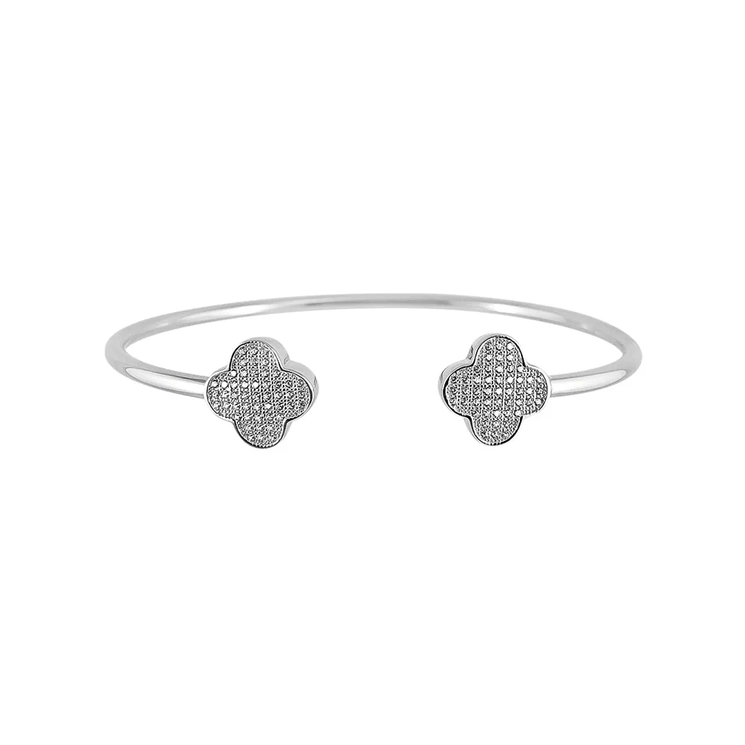 Sterling Silver Lucky Four-Leaf Clover Bangle Cuff- Rhodium