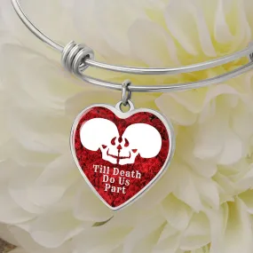 Till Death Do Us Part White Skulls Charm Eternal Love Halloween Heart Bangle Bracelet (Optional Engraving)