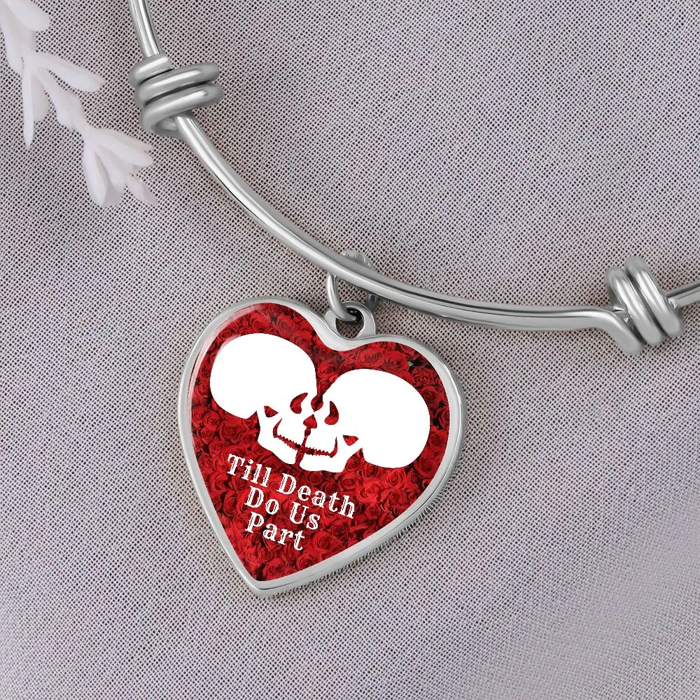 Till Death Do Us Part White Skulls Charm Eternal Love Halloween Heart Bangle Bracelet (Optional Engraving)