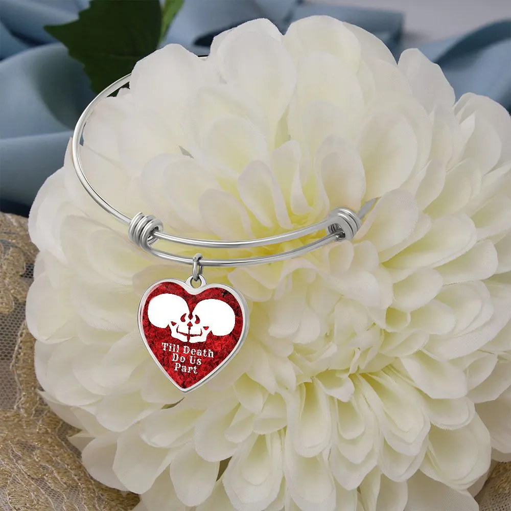 Till Death Do Us Part White Skulls Charm Eternal Love Halloween Heart Bangle Bracelet (Optional Engraving)