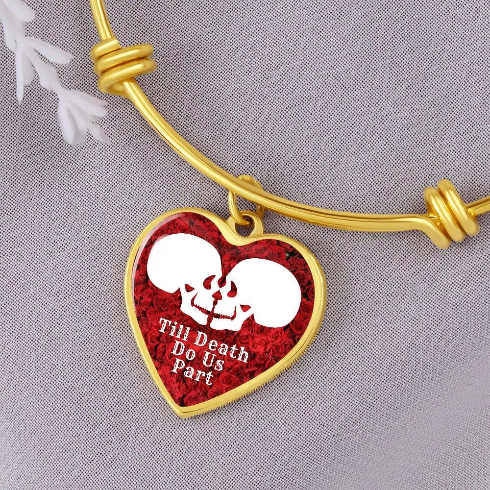 Till Death Do Us Part White Skulls Charm Eternal Love Halloween Heart Bangle Bracelet (Optional Engraving)