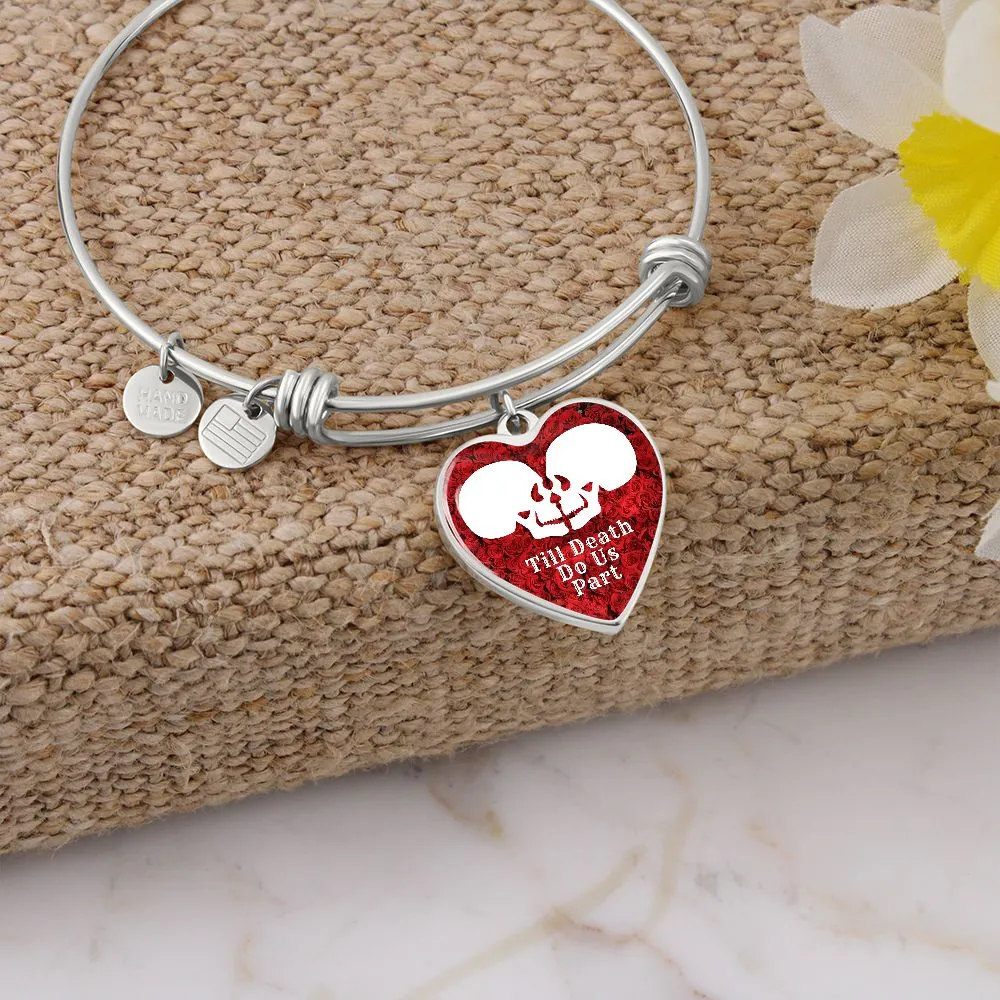 Till Death Do Us Part White Skulls Charm Eternal Love Halloween Heart Bangle Bracelet (Optional Engraving)