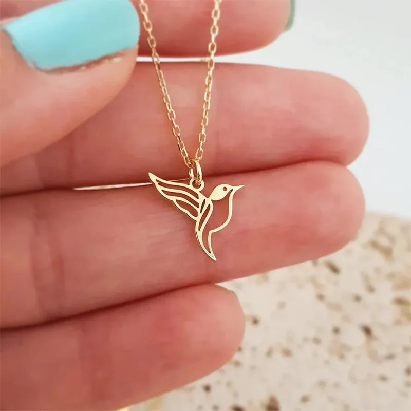 Tiny Hummingbird Necklace 14K Solid Gold Hummingbird Pendant Hummingbird Charm Gift for Her