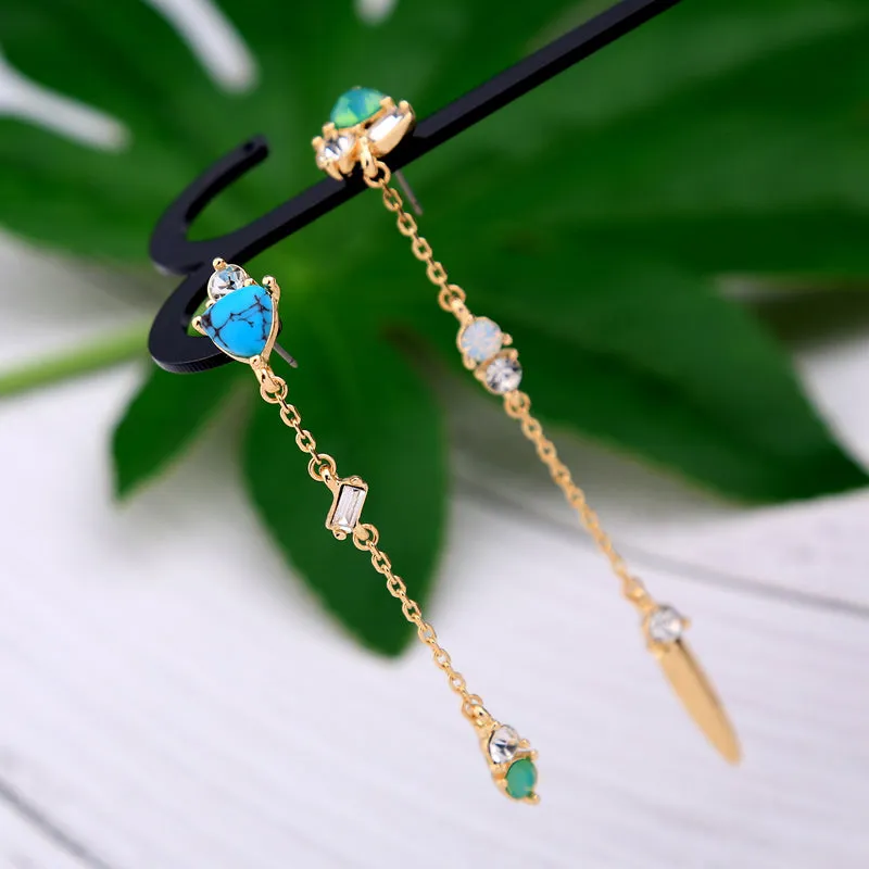 Trendy Asymmetrical Long Chain Opal Drop Earring