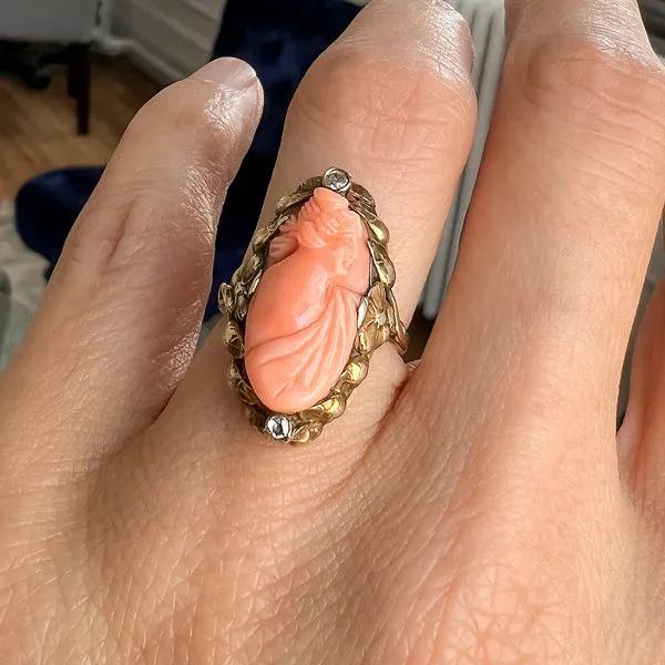 Victorian Coral Cameo & Diamond Ring